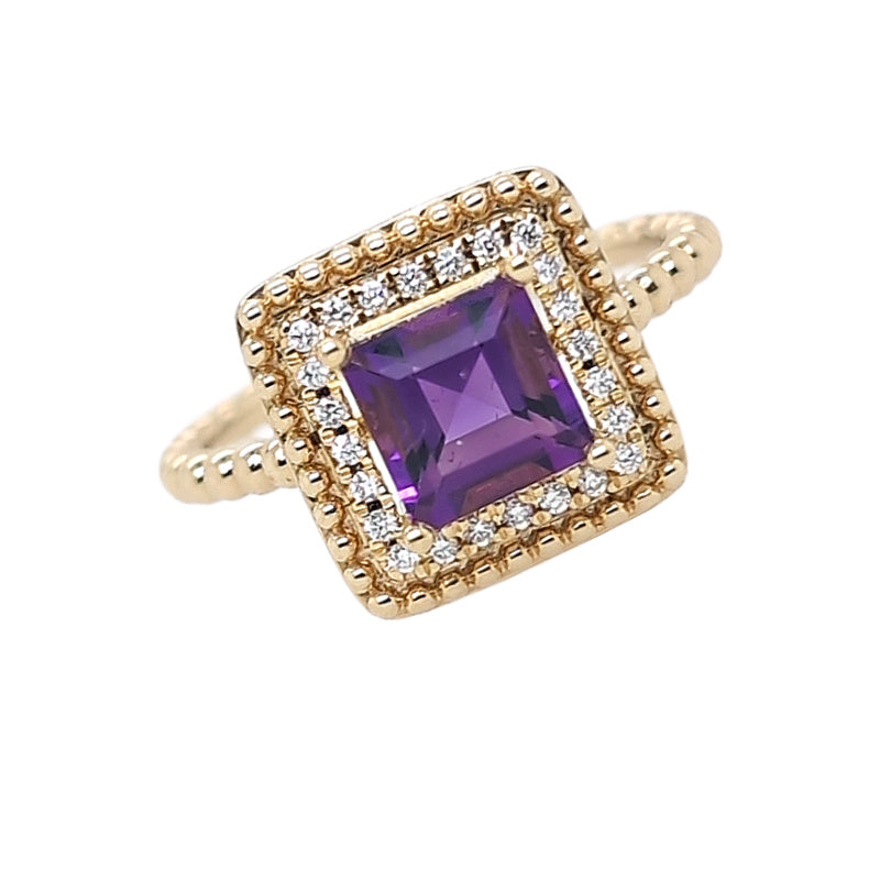 14K Yellow Gold Amethyst and Diamond Ring