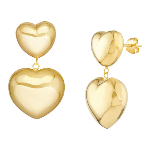 14K Yellow Gold Puffed Heart Dangle Earrings