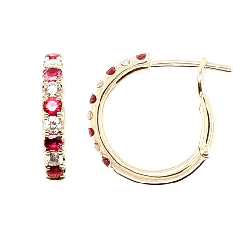 14K Yellow Gold Ruby and Diamond Hoop Earrings