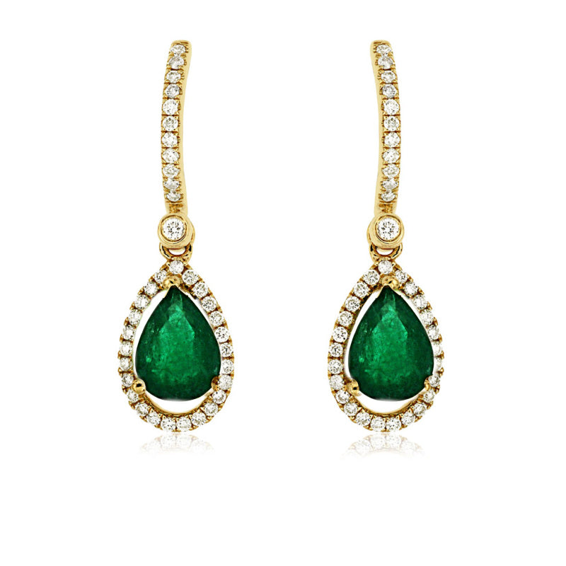 14K Yellow Gold Emerald and Diamond Drop Earrings