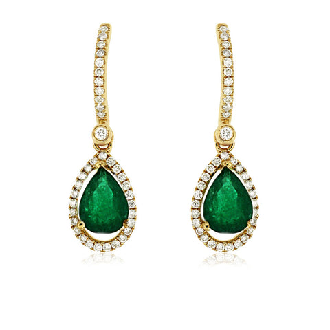 14K Yellow Gold Emerald and Diamond Drop Earrings