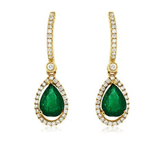 14K Yellow Gold Emerald and Diamond Drop Earrings