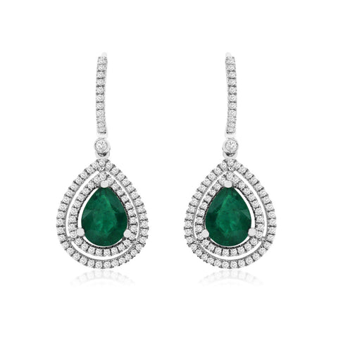 14K White Gold Emerald and Diamond Drop Earrings