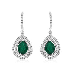 14K White Gold Emerald and Diamond Drop Earrings
