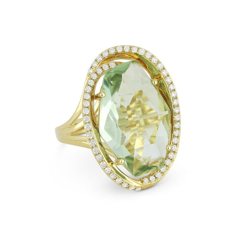 14K Yellow Gold Green Amethyst and Diamond Ring