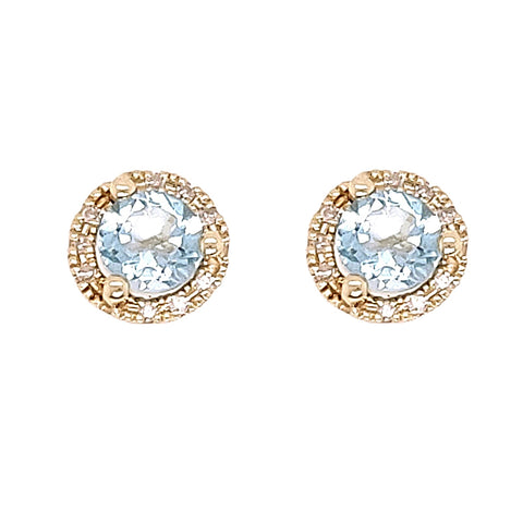 14K Yellow Gold Blue Topaz and Diamond Stud Earrings