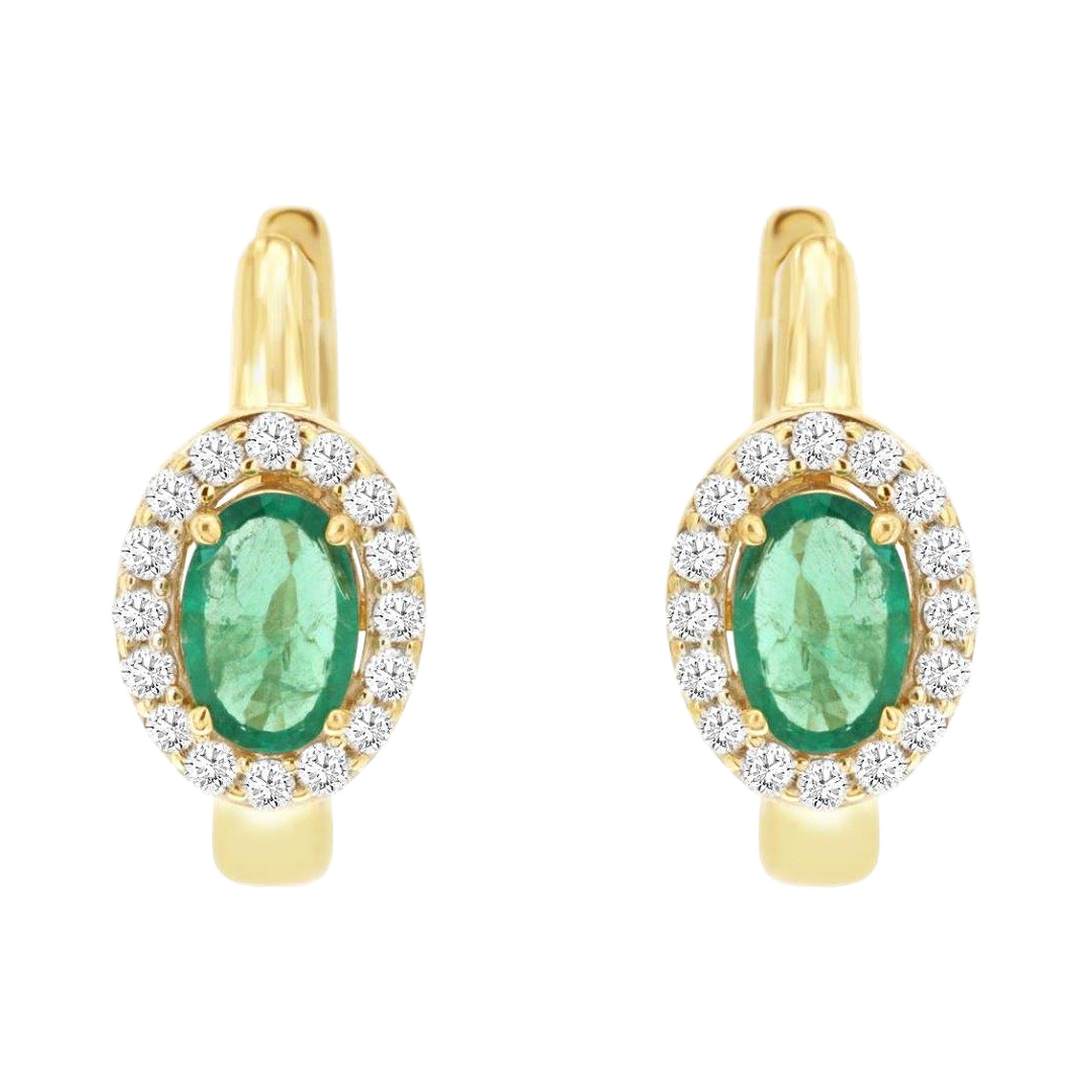 14K Yellow Gold Emerald and Diamond Hoop Earrings