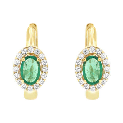 14K Yellow Gold Emerald and Diamond Hoop Earrings