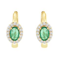 14K Yellow Gold Emerald and Diamond Hoop Earrings