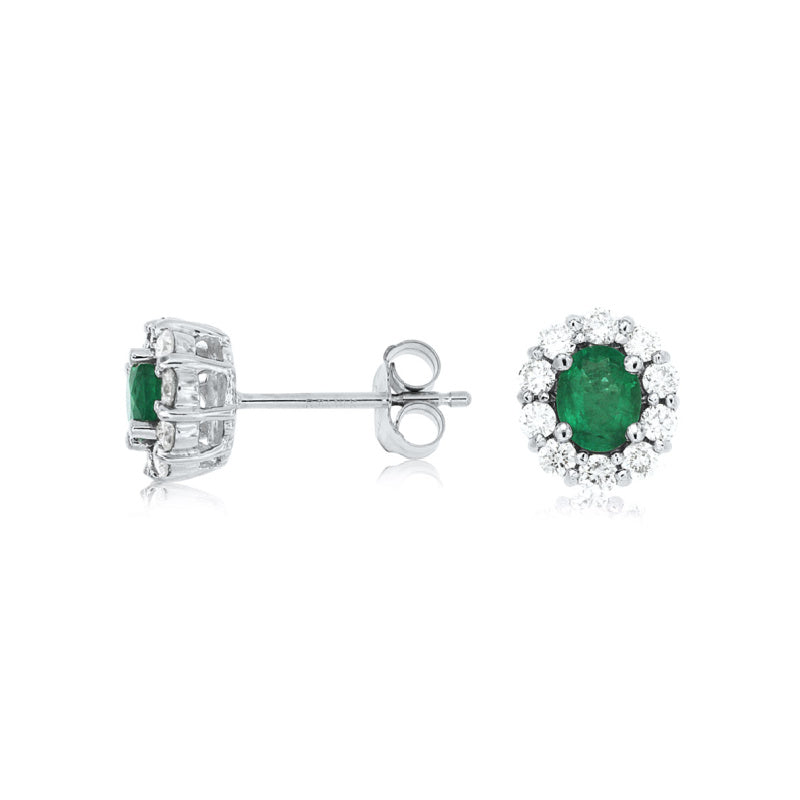 14K White Gold Emerald and Diamond Stud Earrings