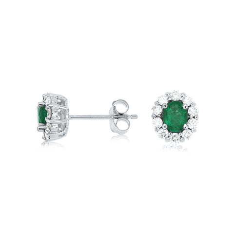 14K White Gold Emerald and Diamond Stud Earrings