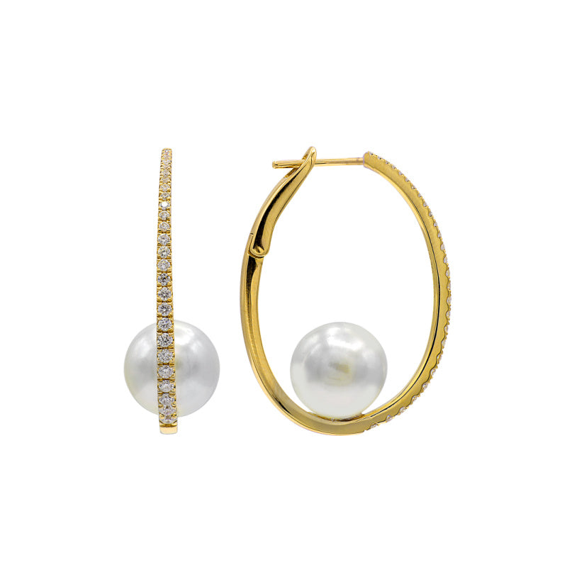 18K Yellow Gold South Sea Pearl and Diamond Hoop Earrings