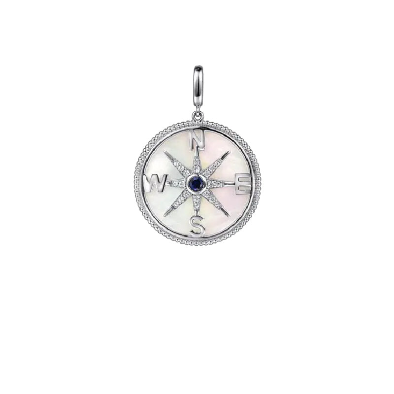 Sterling Silver Mother of Pearl and Sapphire Compass Pendant
