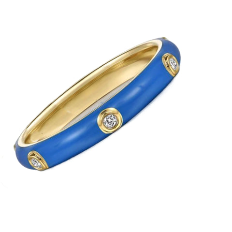 14K Yellow Gold Blue Enamel and Diamond Ring