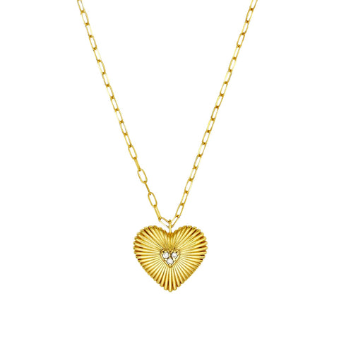 14K Yellow Gold Diamond Puffed Heart Necklace