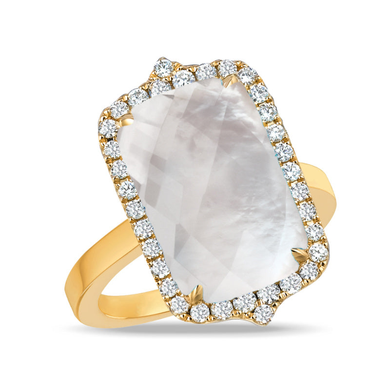 18K Yellow Gold Mother of Pearl, Clear Quartz, and Diamond Ring