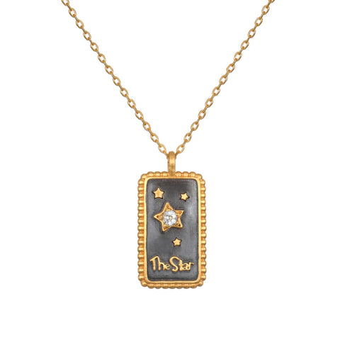18K Yellow Gold Plated Brass and White Topaz Star Tarot Card Necklace