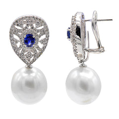 18K White Gold Diamond, Sapphire, and South Sea Pearl Drop Earrings