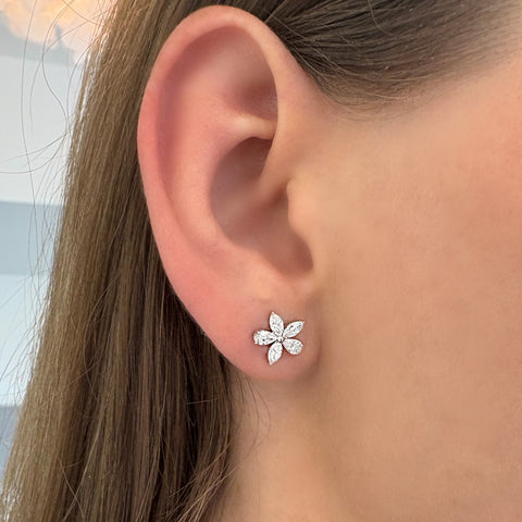 14K White Gold Diamond Floral Earrings