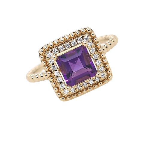 14K Yellow Gold Amethyst and Diamond Ring