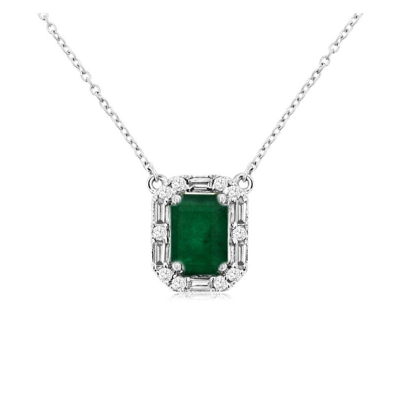 14K White Gold Emerald and Diamond Necklace