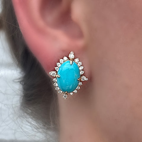 14K Yellow Gold Turquoise and Diamond Earrings