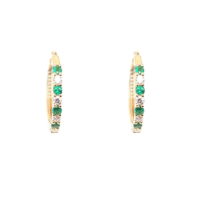 14K Yellow Gold Emerald and Diamond Hoop Earrings