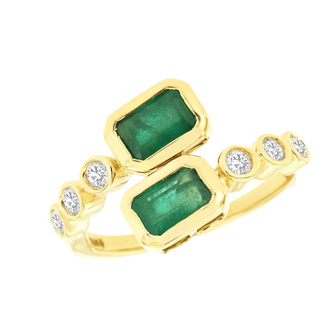 14K Yellow Gold Emerald and Diamond Bypass Ring