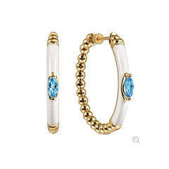 14K Yellow Gold White Enamel and Blue Topaz Hoop Earrings