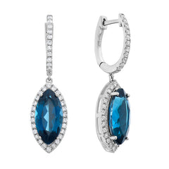 14K White Gold London Blue Topaz and Diamond Drop Earrings