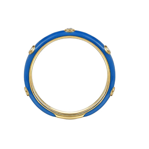 14K Yellow Gold Blue Enamel and Diamond Ring