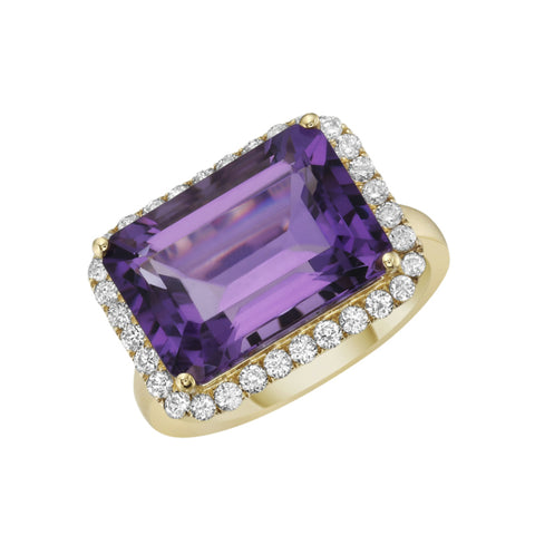 14K Yellow Gold Amethyst and Diamond Ring