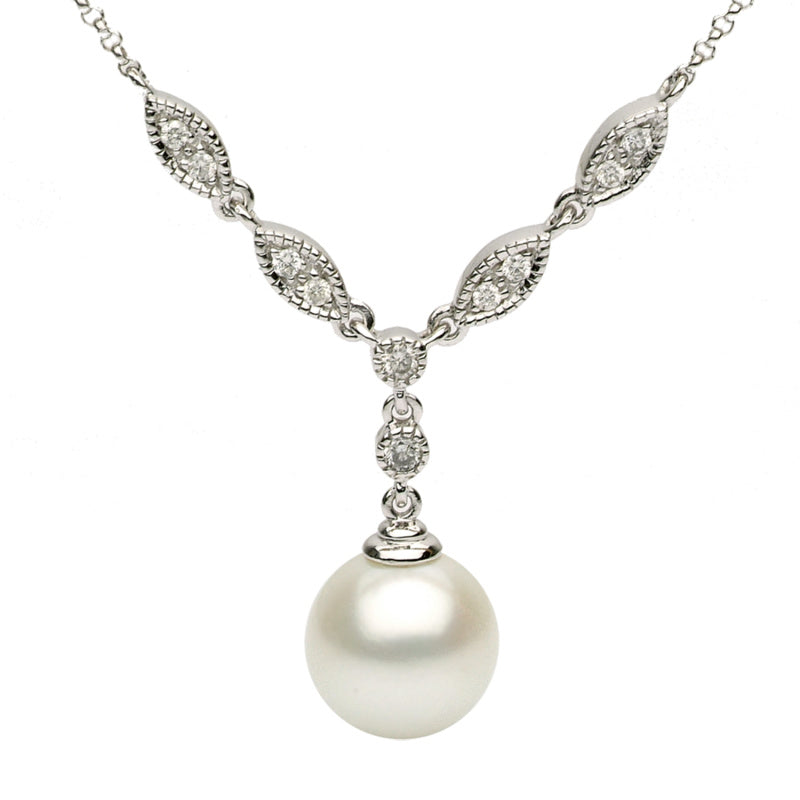 14K White Gold Diamond and Pearl Drop Necklace