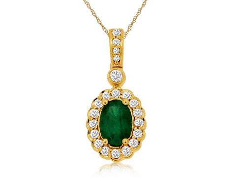 14K Yellow Gold Emerald and Diamond Pendant