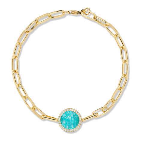 18K Yellow Gold Amazonite, Clear Quartz, and Diamond Paperclip Bracelet