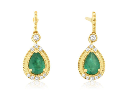 14K Yellow Gold Emerald and Diamond Drop Earrings