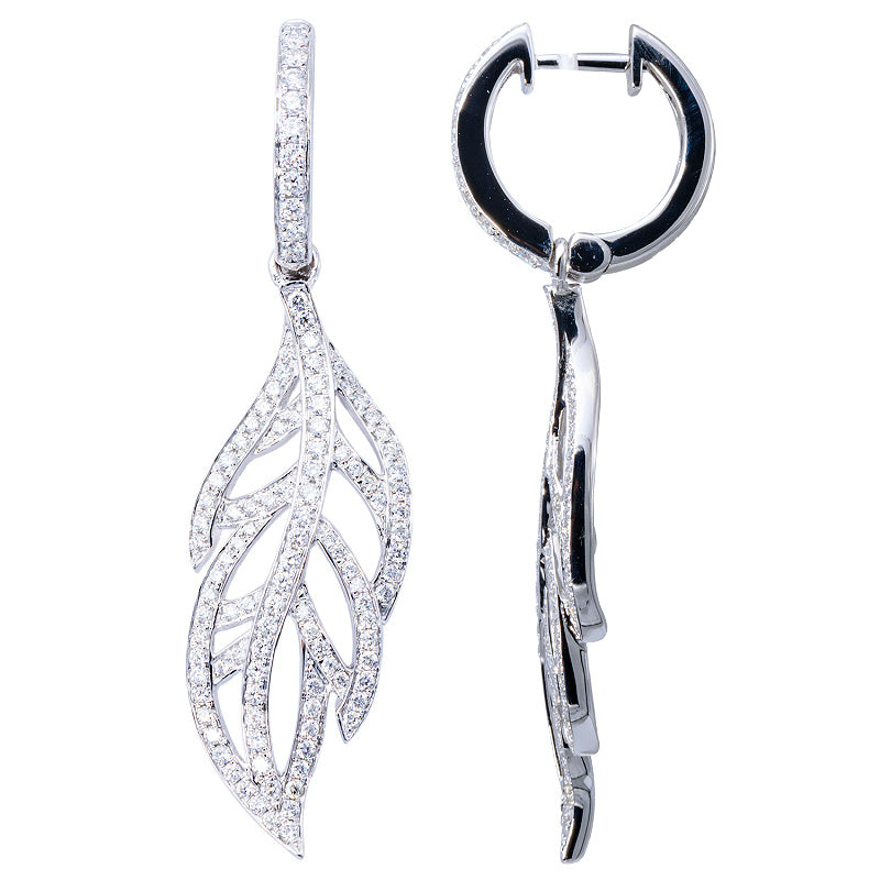 18K White Gold Diamond Leaf Drop Earrings