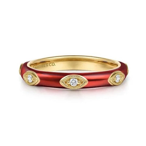 14K Yellow Gold Red Enamel and Diamond Band