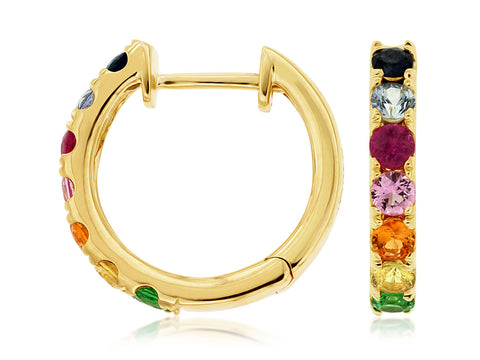 14K Yellow Gold Rainbow Sapphire Hoop Earrings