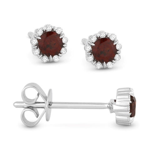 14K White Gold Garnet and Diamond Stud Earrings