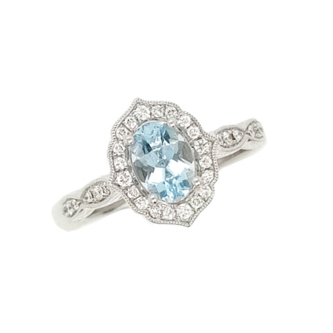 14K White Gold Aquamarine and Diamond Ring