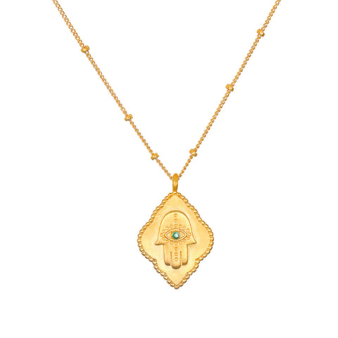 18K Yellow Gold Plated Brass and Emerald Hamsa Necklace