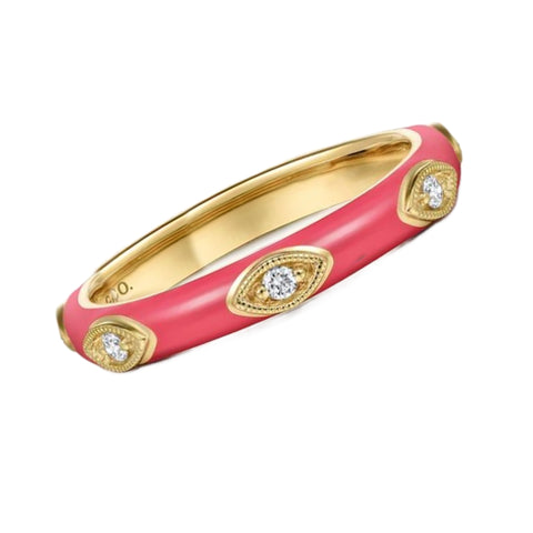 14K Yellow Gold Pink Enamel and Diamond Ring