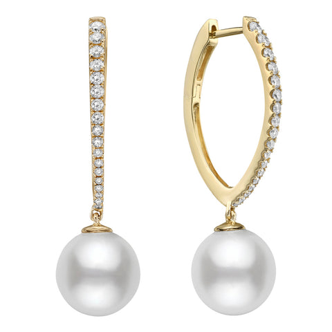 14K Yellow Gold Pearl and Diamond Hoop Earrings