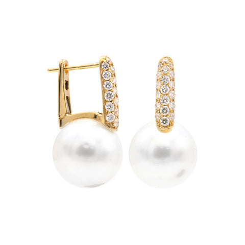 18K Yellow Gold Pearl and Diamond Earrings