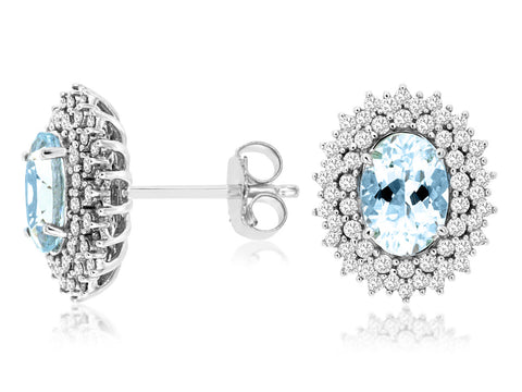 14K White Gold Aquamarine and Diamond Stud Earrings