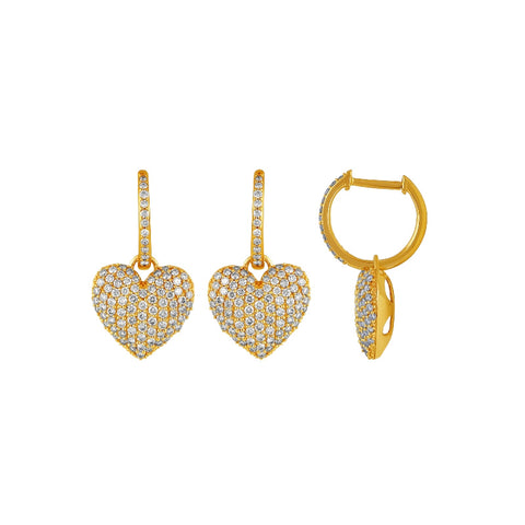 14K Yellow Gold Diamond Heart Dangle Earrings