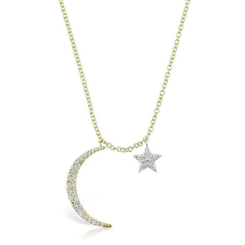 14K Yellow Gold Moon and Star Diamond Necklace