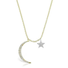 14K Yellow Gold Moon and Star Diamond Necklace