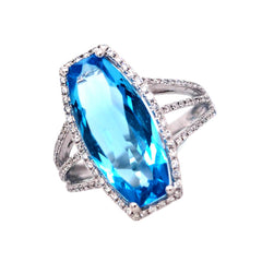 14K White Gold Blue Topaz and Diamond Ring